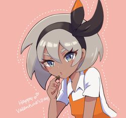  alternate_costume apron bea_(pokemon) blush bow_hairband chocolate_on_hand collared_shirt commentary_request dark-skinned_female dark_skin eyelashes female food_on_hand grey_eyes grey_hair hair_between_eyes hairband hand_up happy_valentine heart highres looking_at_viewer orange_apron pink_background pokemon pokemon_swsh reji_rimaru shirt short_sleeves simple_background solo upper_body valentine white_shirt 