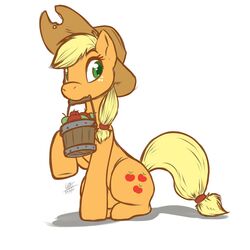  1:1 2020 accessory apple applejack_(mlp) blonde_hair bucket clothing container cowboy_hat cutie_mark digital_media_(artwork) earth_pony equid equine female feral food freckles friendship_is_magic fruit fur furgonomics green_eyes hair hair_accessory hasbro hat headgear headwear hi_res horse lou_art_93 louart mammal mouth_hold my_little_pony orange_body orange_fur plant pony raised_tail solo tail tail_accessory yellow_tail 