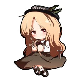  black_hat blonde_hair blush brown_footwear brown_skirt brown_vest chibi closed_mouth collared_shirt commentary cross dolls_in_pseudo_paradise female frilled_hat frilled_sleeves frills happy hat hat_feather holding holding_cross jacket_girl_(dipp) long_hair long_sleeves looking_at_viewer mary_janes red_eyes red_ribbon ribbon shirt shoes sitting skirt smile socks solo stake teruteru12 touhou very_long_hair vest white_shirt white_socks 