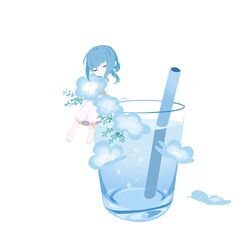  blue_hair blunt_bangs bubble chai_(drawingchisanne) closed_eyes commentary cup dress drinking_glass drinking_straw female flower glass long_bangs mini_person minigirl nemophila_(flower) original plant sandals signature simple_background solo white_background white_dress white_footwear 