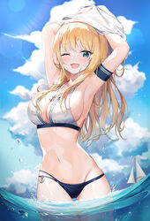  ;d anchor_necklace armband armpits arms_up ass_visible_through_thighs bare_shoulders beach bikini black_bikini blonde_hair blue_eyes boat breasts caba_(caba091) cleavage cloud cloudy_sky commentary cowboy_shot day female highres jewelry large_breasts mismatched_bikini multi-strapped_bikini navel necklace one_eye_closed open_mouth original outdoors sailboat sky smile solo standing stomach string_bikini swimsuit symbol-only_commentary thigh_gap undressing unworn_shirt wading water watercraft wet white_bikini 