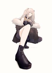  absurdres ahoge animal_ears bad_id bad_pixiv_id bare_shoulders black_footwear black_jacket black_pantyhose black_shirt boots breasts cleavage ear_piercing female film_grain foreshortening full_body fur-trimmed_jacket fur_trim grey_eyes grey_hair grey_skirt hair_between_eyes highres hololive jacket large_breasts light_blush lion_ears lion_girl long_hair looking_at_viewer mouth_hold octaevia off_shoulder pantyhose perspective piercing see-through see-through_cleavage shirt shishiro_botan shishiro_botan_(1st_costume) sidelocks simple_background single_leg_pantyhose skin_tight skirt sleeveless sleeveless_shirt solo squatting teeth_hold toothpick torn_clothes torn_pantyhose two_side_up virtual_youtuber white_background 