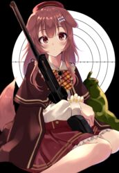  amamiya_ui animal_ears blush bone_hair_ornament bow bowtie brown_bow brown_bowtie brown_cape brown_eyes brown_hair cape chili_pepper dog_ears dog_girl dog_tail embarrassed eyelashes feet_out_of_frame female frilled_shirt_collar frills gun hair_between_eyes hair_down hair_ornament hairclip high-waist_skirt highres holding holding_gun holding_weapon hololive inugami_korone inugami_korone_(street) jalapeno_pepper long_hair looking_at_viewer miniskirt nail_polish official_alternate_costume parted_lips plaid_neckwear print_bow print_bowtie red_skirt rifle shirt sitting skirt solo tail target two-tone_bowtie virtual_youtuber wariza weapon white_shirt yellow_bow yellow_bowtie yellow_nails 