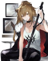  3o_c animal_ears arknights bare_arms bare_shoulders black_choker black_jacket black_pants breasts brown_eyes brown_hair choker cleavage commentary female hair_between_eyes hand_up highres holding holding_weapon jacket jacket_on_shoulders lion_ears lion_girl lion_tail long_hair looking_at_viewer medium_breasts mouth_hold pants siege_(arknights) sitting solo symbol-only_commentary tail tank_top weapon white_background white_tank_top 