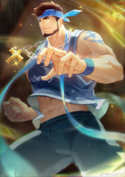  1boy abs aerokinesis arm_tattoo bara bare_arms beard black_hair blue_headband blue_shirt brucie_(infighter821) bulge chain_necklace chains commission cross cross_necklace dungeon_and_fighter facial_hair feet_out_of_frame fighting_stance headband highres jewelry large_hands large_pectorals looking_away male_focus male_priest_(dungeon_and_fighter) mature_male midriff_peek muscular muscular_male my_eight navel necklace nipples original pants pectorals second-party_source shirt short_hair sideburns sleeveless sleeveless_shirt smile solo sparkle stomach tattoo thick_thighs thighs wind 