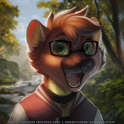  1:1 2021 anthro artist_name black_collar blue_eyes blue_sky blurred_background brown_body brown_fur brown_hair bust_portrait collar creek dated eyewear fangs forest forest_background front_view fur glasses glistening glistening_eyes green_eyes gulonine hair hi_res looking_at_viewer male mammal marten mustelid musteline mylafox nature nature_background open_mouth open_smile pink_tongue plant portrait rock short_hair shrub signature sky smile solo teeth text tongue tree url whiskers yellow_body yellow_fur 