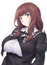  absurdres assault_lily black_ribbon black_skirt blue_eyes blunt_bangs blush breasts brown_hair buttons closed_mouth commentary_request cropped_jacket female head_tilt high-waist_skirt highres juliet_sleeves kaede_johan_nouvel large_breasts long_hair long_sleeves looking_at_viewer neck_ribbon pondo_(peng-model) puffy_sleeves ribbon school_uniform shirt sidelocks simple_background skirt smile solo three_quarter_view upper_body wavy_hair white_background white_shirt yurigaoka_girls_academy_school_uniform 