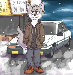  andre_wolf anthro boots bottomwear canid canine canis car clothed clothing countershading detailed_background digital_media_(artwork) footwear fur hi_res hoodie initial_d jacket japanese_text legwear looking_at_viewer male mammal outside package pants retro_car road shirt sidewalk smile snow solo standing storefront text topwear toyota toyota_corolla vehicle winter wolf zankytime 