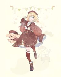  absurdres alternate_costume beret blonde_hair blue_eyes blush bob_cut brown_dress brown_hat bubba_(watson_amelia) canine capelet dress female fuzi_(fuzi3205) hat highres holding holding_magnifying_glass hololive hololive_english kneehighs looking_at_viewer magnifying_glass monocle parody smile smol_ame socks solo sparkle style_parody virtual_youtuber walfie_(style) watson_amelia 