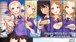  5girls andou_(girls_und_panzer) apron aquaegg artist_name bandana bangs bc_freedom_school_uniform black_dress black_eyes black_hair blonde_hair blue_apron blue_bandana blue_cardigan blue_eyes blue_necktie cake cardigan closed_mouth commentary dark-skinned_female dark_skin dated diagonal-striped_neckwear diagonal_stripes dress dress_shirt drill_hair english_text food fork girls_und_panzer green_eyes highres holding holding_fork holding_knife holding_saucer isabe_(girls_und_panzer) knife long_hair long_sleeves looking_at_viewer marie_(girls_und_panzer) medium_hair messy_hair mixing_bowl multiple_girls necktie open_mouth orange_hair oshida_(girls_und_panzer) pinafore_dress pleated_dress red_necktie saucer school_uniform shirt signature smile sofue_(girls_und_panzer) standing striped striped_necktie sweater_around_neck translated wavy_hair white_day white_shirt wing_collar 