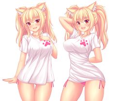  :d absurdres animal_ear_fluff animal_ears ass_visible_through_thighs blonde_hair blush breasts cat_ears collarbone covered_nipples female hair_between_eyes highres large_breasts long_hair looking_at_viewer meme multiple_views no_pants nottytiffy oerba_yun_fang open_mouth original paid_reward pajamas_challenge_(meme) panties patreon_reward pink_panties red_eyes shirt side-tie_panties simple_background slit_pupils smile source_request t-shirt tiffy_(nottytiffy) tight_clothes tight_shirt twintails underwear white_background 