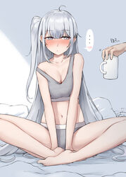  ... 1other absurdres barefoot bed_sheet blush breasts cleavage closed_mouth collarbone cup female fuyutsuki_(kancolle) grey_eyes grey_hair grey_panties grey_sports_bra highres kantai_collection kiritto large_breasts long_hair navel one_side_up panties pillow sitting solo_focus spoken_ellipsis sports_bra tissue tissue_box two-tone_sports_bra underwear used_tissue 