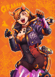  apex_legends black_bodysuit black_gloves black_headwear black_leotard bodysuit breasts cable choker claw_pose cleavage collarbone english_commentary eyeshadow fangs female fingerless_gloves gloves highres horns leotard looking_at_viewer makeup mechanical_arms mechanical_legs medium_breasts mixed-language_commentary mutturi_mamer18 nessie_(respawn) official_alternate_costume open_mouth orange_choker orange_eyeshadow orange_hair silk single_fingerless_glove single_mechanical_arm solo spider_web static_spike_wattson wattson_(apex_legends) 