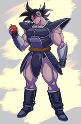  1boy absurdres armor bad_id bad_pixiv_id bara black_hair breastplate dragon_ball dragon_ball_z evil_smile full_body head_tilt highres male_focus mature_male muscular muscular_male pectoral_cleavage pectorals saiyan_armor scouter short_hair smile solo spiked_hair thick_thighs thighs tinted_eyewear torawar tullece veins 