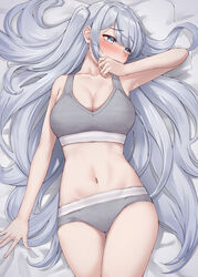  absurdres bare_shoulders blush breasts cleavage female fuyutsuki_(kancolle) grey_eyes grey_sports_bra hair_between_eyes highres kantai_collection kiritto large_breasts long_hair midriff navel on_bed one_side_up open_mouth panties solo sports_bra stomach two-tone_sports_bra underwear white_hair 