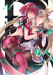  2girls arm_guards armor ass back-seamed_legwear backless_outfit black_pantyhose blonde_hair bob_cut breasts brown_pantyhose clothing_cutout dress drop_earrings earrings front-seamed_legwear impossible_clothes inoue_takuya_(tactactak) jewelry large_breasts long_hair micro_shorts microdress miniskirt multiple_girls mythra_(massive_melee)_(xenoblade) mythra_(xenoblade) one_eye_closed pantyhose pantyhose_under_shorts pyra_(xenoblade) red_eyes red_hair red_shorts seamed_legwear short_sleeves shorts shoulder_armor skindentation skirt sleeveless sleeveless_dress super_smash_bros. suspenders swept_bangs thighhighs thighhighs_over_pantyhose tiara v-shaped_eyebrows very_long_hair white_skirt xenoblade_chronicles_(series) xenoblade_chronicles_2 yellow_eyes 