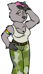  bottomwear camo camo_bottomwear camo_clothing camo_pants camo_print clothing female fur grey_body grey_fur hair mammal marsupial pants pattern_bottomwear pattern_clothing pattern_pants pink_hair shirt tabbiewolf tank_top topwear vombatiform wombat 