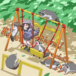  1:1 2023 4_ears animal_humanoid arai-san biped black_eyes black_nose clothed clothing detailed_background feral grey_body group humanoid international_raccoon_appreciation_day kemono_friends mammal mammal_humanoid multi_ear outside procyonid procyonid_humanoid raccoon raccoon_humanoid sitting umikazenet3 