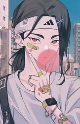  1boy adidas bad_id bad_twitter_id baji_keisuke bandaid bandaid_on_face black_hair blowing_bubbles bracelet brown_eyes building chewing_gum city clqndb_27 day hand_up hasunoue_keroppi headband highres jewelry kero_kero_keroppi korean_commentary long_hair looking_at_viewer male_focus outdoors poke_ball pokemon ponytail rockruff sanrio shirt smartwatch solo sticker tokyo_revengers tsurime upper_body v watch white_headband white_shirt wristwatch 