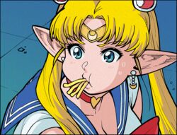  bad_id bad_pixiv_id bishoujo_senshi_sailor_moon bishoujo_senshi_sailor_moon_s blonde_hair blue_sailor_collar breasts choker circlet cleavage collarbone commentary cosplay derivative_work earrings elf-san_wa_yaserarenai. elfuda_(elf-san_wa_yaserarenai.) female food food_in_mouth french_fries hair_ornament hair_over_shoulder jewelry long_hair medium_breasts meme parody pointy_ears red_choker sailor_collar sailor_moon sailor_moon_(cosplay) sailor_moon_redraw_challenge_(meme) sailor_senshi_uniform screenshot_redraw solo sweatdrop synecdoche tsukino_usagi twintails upper_body 