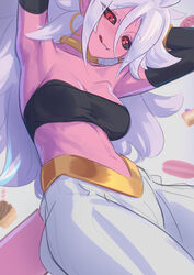  absurdres android_21 armpits arms_up bare_shoulders black_sclera black_tube_top blush bracelet breasts cake collar collarbone colored_sclera colored_skin cupcake daniel_deves detached_sleeves doughnut dragon_ball dragon_ball_fighterz earrings female food hair_between_eyes harem_pants highres hoop_earrings jewelry large_breasts licking_lips long_hair looking_at_viewer macaron majin_android_21 navel neck_ring pants pink_skin pointy_ears red_eyes smile solo strapless tail tongue tongue_out tube_top white_hair white_pants 