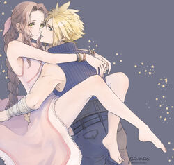  1boy absurdres aerith_gainsborough ancotsubu arms_around_neck arms_around_waist bandaged_arm bandages belt blonde_hair blue_eyes blue_pants blue_shirt bracelet braid braided_ponytail brown_hair clothes_lift cloud_strife couple dress earrings female final_fantasy final_fantasy_vii final_fantasy_vii_remake full_body green_eyes grey_background hair_between_eyes hair_ribbon highres jacket jewelry long_dress multiple_belts pants parted_bangs pink_dress ribbon shirt sidelocks single_earring skirt skirt_lift sleeveless sleeveless_turtleneck sparkle spiked_hair straight turtleneck unworn_armor unworn_jacket upper_body wavy_hair 