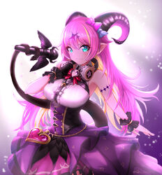  arm_strap asymmetrical_horns bare_shoulders blonde_hair bow bowtie breasts chest_harness commentary_request demon_girl demon_horns demon_tail female green_eyes grin hair_ornament harness headphones headphones_around_neck heart highres holding holding_microphone holding_with_tail hololive horn_bow horn_ornament horns long_hair looking_at_viewer mano_aloe microphone multicolored_hair nakunaro pink_bow pink_bowtie pink_hair pointy_ears prehensile_tail shirt skirt sleeveless sleeveless_shirt smile solo tail teeth two-tone_hair uneven_horns virtual_youtuber white_shirt wrist_cuffs 