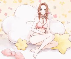  absurdres aerith_gainsborough ancotsubu bare_arms bare_legs barefoot bra braid braided_ponytail breasts brown_hair choker cleavage cloud female final_fantasy final_fantasy_vii final_fantasy_vii_remake floral_background flower full_body green_eyes hair_ribbon highres lingerie medium_breasts panties parted_bangs pillow pink_bra pink_panties ribbon sidelocks sitting smile solo underwear 