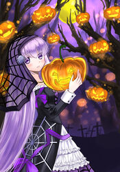  74 alternate_costume black_dress bright_pupils bug commission dress female fire_emblem fire_emblem:_the_binding_blade fire_emblem_heroes food halloween halloween_costume happy_halloween highres holding holding_food holding_pumpkin holding_vegetable jack-o&#039;-lantern lolita_fashion long_hair long_sleeves looking_at_viewer official_alternate_costume pixiv_commission pumpkin purple_eyes purple_hair smile sophia_(fire_emblem) sophia_(halloween)_(fire_emblem) spider vegetable veil very_long_hair 