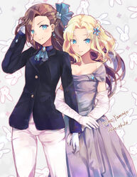  2girls blonde_hair blue_bow blue_eyes bow brown_hair commentary dress formal gloves hairbow highres himeyamato jewelry katarina_claes long_hair looking_at_viewer maria_campbell multiple_girls otome_game_no_hametsu_flag_shika_nai_akuyaku_reijou_ni_tensei_shite_shimatta purple_dress self-upload smile suit white_gloves 