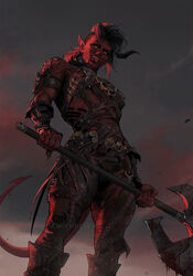  aleksandra_skiba axe baldur&#039;s_gate baldur&#039;s_gate_3 black_hair blood boots colored_skin demon_horns demon_tail dungeons_&amp;_dragons female highres holding holding_weapon horns karlach leather_strap looking_down muscular muscular_female orange_eyes ponytail red_skin red_sky signature sky solo tail tiefling tongue tongue_out weapon 