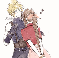  1boy aerith_gainsborough ancotsubu arms_behind_back belt blonde_hair blue_eyes blue_pants blue_shirt blush bracelet braid braided_ponytail brown_hair cloud_strife cropped_jacket dress female final_fantasy final_fantasy_vii final_fantasy_vii_remake gloves hair_ribbon heart highres jacket jewelry leaning_forward multiple_belts pants pink_dress red_jacket ribbon shirt sidelocks sleeveless sleeveless_turtleneck spiked_hair straight suspenders sweatdrop turtleneck upper_body white_background 