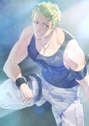  1boy bad_id bad_pixiv_id bara bare_shoulders black_star_-theater_starless- black_tank_top blonde_hair camouflage camouflage_pants commentary_request covered_abs from_above green_hair highres kongou_(black_star) light_particles male_focus muscular muscular_male pants pectoral_cleavage pectorals shirt short_hair sidepec sleeveless solo spotlight squatting tank_top thighs tight_clothes tight_shirt umedairuka white_pants 