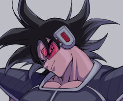  1boy armor bad_id bad_pixiv_id black_hair breastplate dragon_ball dragon_ball_z evil_smile head_tilt looking_at_viewer male_focus mature_male muscular muscular_male pectoral_cleavage pectorals portrait saiyan_armor scouter short_hair smile solo spiked_hair tinted_eyewear torawar tullece 