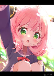  :o absurdres ahoge anya_(spy_x_family) artist_name bloom blurry blurry_background blurry_foreground blush chestnut_mouth collarbone collared_dress commentary_request crossed_bangs depth_of_field dress female frilled_dress frills green_eyes hand_on_own_knee highres incoming_headpat kiyo_(yamazoe1122) lens_flare lens_flare_abuse letterboxed lolicon looking_at_viewer medium_hair neck_ribbon open_mouth pov purple_dress red_ribbon ribbon solo spy_x_family squatting twitter_username 