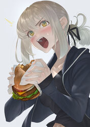  artoria_pendragon_(fate) black_camisole black_jacket black_ribbon blonde_hair blush breasts burger camisole collarbone commentary_request fate/grand_order fate/stay_night fate_(series) female food highres imizu_(nitro_unknown) jacket long_hair long_sleeves looking_at_viewer low_ponytail medium_breasts official_alternate_costume open_mouth ribbon saber_alter saber_alter_(ver._shinjuku_1999)_(fate) saliva sidelocks teeth yellow_eyes 