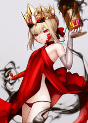  armored_legwear blonde_hair braid breasts crown dragon_claw dragon_tail facial_mark fate/grand_order fate/grand_order_arcade fate_(series) female french_braid gold_crown hair_ornament hair_ribbon highres holding horns impossible_clothes long_horns looking_at_viewer nero_claudius_(fate) panties pointed_crown queen_draco_(fate) queen_draco_(first_ascension)_(fate) red_eyes red_panties revealing_clothes ribbon simple_background small_breasts solo sumi_(gfgf_045) tail underwear 