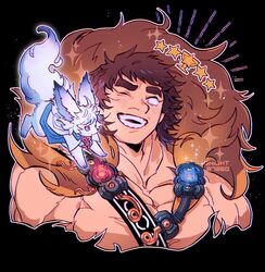  1boy bare_pectorals blush brown_hair chest_harness creature cropped_torso fate/grand_order fate_(series) feather_boa fou_(fate) gameplay_mechanics harness holy_grail_(fate) large_pectorals male_focus mature_male messy_hair muscular muscular_male night27260 one_eye_closed pectorals short_hair smile solo super_orion_(fate) teeth thick_eyebrows 