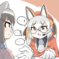  2girls animal_ear_fluff animal_ears common_raccoon_(kemono_friends) fox_ears fox_girl fox_tail glasses gloves highres island_fox_(kemono_friends) kemono_friends kemono_friends_v_project long_hair mcgunngu microphone multiple_girls necktie open_mouth ribbon shirt short_hair simple_background skirt tail virtual_youtuber 