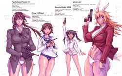  4girls animal_ears beretta_m1934 charlotte_e._yeager dog_ears dog_girl dress francesca_lucchini gertrud_barkhorn gloves gun handgun luger_p08 m1911 military military_uniform miyafuji_yoshika multiple_girls muscular muscular_female nambu_type_14 no_pants pointing pointing_up pointing_weapon rabbit_ears rabbit_girl sailor sailor_dress same_(carcharodon) strike_witches swimsuit underwear uniform weapon world_witches_series 