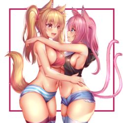  2girls absurdres ahoge animal_ear_fluff animal_ears bikini bikini_top_only blonde_hair blue_eyes blush breasts cat_ears cat_tail closed_mouth collaboration hair_between_eyes highres hug kaptivate large_breasts long_hair looking_at_another multiple_girls multiple_tails navel nekomia_(kaptivate) nottytiffy oerba_yun_fang open_mouth original paid_reward panties patreon_reward pink_hair red_eyes short_shorts shorts simple_background skindentation slit_pupils smile source_request striped_clothes striped_panties swimsuit tail thighhighs tiffy_(nottytiffy) twintails underwear white_thighhighs yellow_eyes yuri 