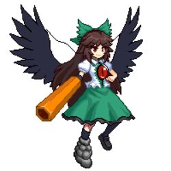  arm_cannon asymmetrical_footwear bird_wings black_footwear black_wings blouse bow brown_hair cape collared_shirt commentary_request control_rod female frilled_skirt frills green_bow green_skirt hairbow long_hair lowres mismatched_footwear pixel_art red_eyes reiuji_utsuho shirt short_sleeves simple_background skirt smile solo starry_sky_print third_eye touhou tsukimiya_toito v-shaped_eyebrows weapon white_background white_shirt wings 