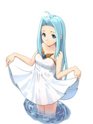  ahoge breasts collarbone commentary dress english_commentary female granblue_fantasy highres long_hair lyria_(granblue_fantasy) medium_breasts mixed-language_commentary see-through see-through_dress shin_(shincrz) skirt_hold solo strapless strapless_dress wading white_dress 