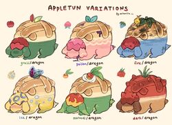  alternate_color apple appletun ariamisu artist_name aspear_berry berry berry_(pokemon) english_text fire food fruit ice leaf leppa_berry no_humans pecha_berry poison_(final_fight) pokemon pokemon_(creature) rawst_berry simple_background strawberry tamato_berry tan_background 