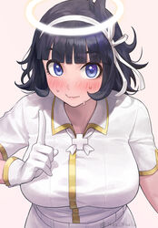  azazel_(helltaker) black_hair blue_eyes blunt_bangs blush breasts closed_mouth commentary cross female gloves hair_ribbon halo headband helltaker highres index_finger_raised large_breasts looking_at_viewer nhaliz nose_blush pink_background ribbon shirt short_hair short_sleeves simple_background smile solo sweat wavy_mouth white_gloves white_ribbon white_shirt 