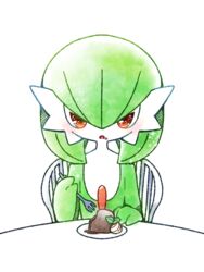  bad_id bad_pixiv_id blush bob_cut cake chair colored_skin commentary_request dessert female flat_chest food food_on_face fork gardevoir green_hair green_skin hair_between_eyes hands_up holding holding_fork lava_cake looking_at_viewer mint muguet multicolored_skin open_mouth plate pokemon pokemon_(creature) red_eyes short_hair simple_background sitting solo sparkle straight-on table two-tone_skin upper_body whipped_cream white_background white_skin 