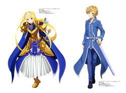  1boy absurdres alice_zuberg aqua_eyes armor armored_boots armored_dress black_footwear blonde_hair blue_cape blue_coat blue_dress blue_eyes blue_pants blue_rose_sword boots bow braid braided_ponytail cape character_name closed_mouth coat collarbone dress eugeo faulds female floating_hair full_body gold_armor hair_between_eyes hair_intakes hairband hairbow highres knight leaning_forward long_hair long_skirt long_sleeves looking_at_viewer official_art osmanthus_blade pants pleated_skirt sheath sheathed short_hair shoulder_armor simple_background skirt smile standing suzuki_gou sword sword_art_online sword_art_online:_alicization very_long_hair weapon white_background white_bow white_hairband white_skirt wing_collar 