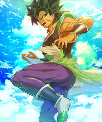  1boy black_hair broly_(dragon_ball_super) cloud cloudy_sky dragon_ball dragon_ball_super dragon_ball_super_broly fighting_stance foot_out_of_frame from_side highres knee_up korean_commentary looking_at_viewer male_focus medium_hair muscular muscular_male pants pectorals saiyan_armor scar scar_on_cheek scar_on_face skin_tight sky solo spiked_hair tarutobi thighs tight_clothes tight_pants yellow_eyes 