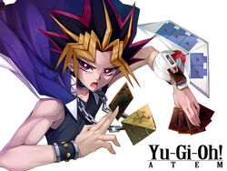  1boy atem black_hair blonde_hair bracelet card chains character_name clip_studio_paint_(medium) collar collarbone commentary copyright_name deck_of_cards duel_disk dyed_bangs eye_of_horus fingernails ginopi highres holding holding_card jacket jacket_on_shoulders jewelry lower_teeth_only male_focus millennium_puzzle multicolored_hair muto_yugi necklace open_mouth purple_eyes purple_hair school_uniform simple_background solo spiked_hair teeth tongue uniform white_background yu-gi-oh! 