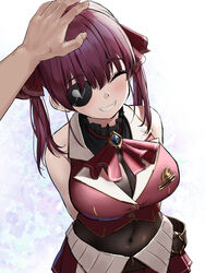  arms_behind_back bare_shoulders blush breasts cleavage closed_eyes commentary_request covered_navel crop_top eyepatch female grin hair_ribbon headpat highres hololive houshou_marine houshou_marine_(1st_costume) large_breasts long_hair looking_at_viewer midriff oekakizuki red_hair red_ribbon ribbon see-through see-through_cleavage sleeveless smile solo_focus twintails virtual_youtuber 